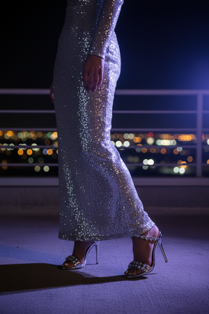 Helia Silver Crystal Rhinestone Wraparound Stiletto Heels – Gem Embellished Ankle Strap Open Toe Sandals