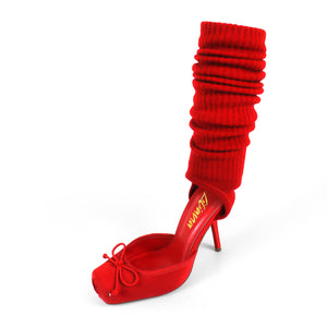 Zita — Ruched Sock Stiletto Heels with Open Vamp & Bow Detail | Red