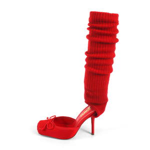 Zita — Ruched Sock Stiletto Heels with Open Vamp & Bow Detail | Red
