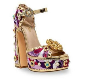 Chase Royal Stone & Pearl Embellished Open Toe Platform Block Heel Sandals – Purple
