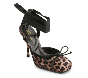 Olivia James Alondra Leopard Satin Ankle Lace-Up Stiletto Heels with Bow