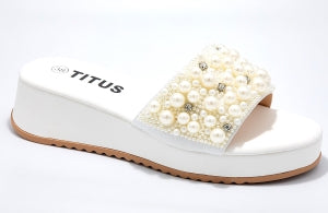 White slip-on mule sandal with pearl embellishments