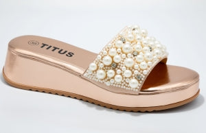 Rose gold slip-on mule sandal with pearl embellishments