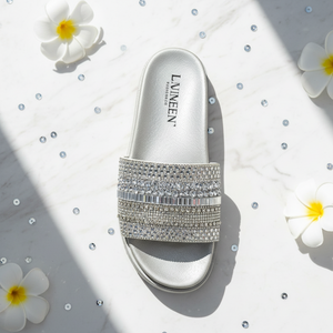 Women's Barney Silver Rhinestone Slide Sandals – Crystal Embellished Wide Band | DDK Barney