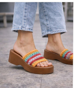 Women's Multi-Color Chipper Platform Wide Band Mule Wedges - Comfortable Slip-On