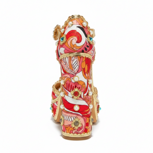 Chase Royal Red Stone & Pearl Embellished Open Toe Platform Block Heel Sandals – 5.75" Ankle Buckle