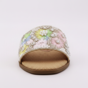 Beige-Multi Slide – Hand-Embroidered Floral Flat Sandall