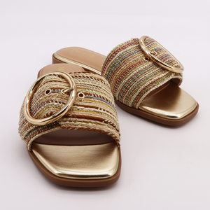 Slide – Multicolour Woven Raffia Flat Sandal with Gold Buckle