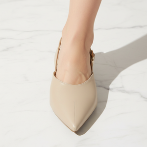 Beige Slingback Pointed Toe Flat | Gold Buckle | Vegan Leather