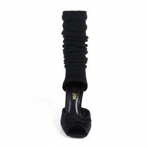 Ruched Sock Stiletto Heels with Open Vamp & Bow Detail | Black