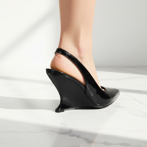 Black Patent Slingback Wedge Heel | Sculptural Heel | Pointed Toe