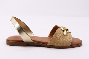 Slide – Raffia & Gold Slingback Flat Sandal
