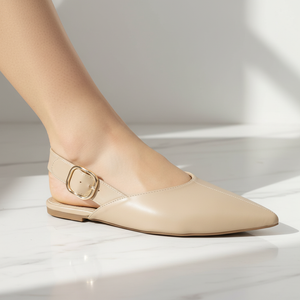 Beige Slingback Pointed Toe Flat | Gold Buckle | Vegan Leather