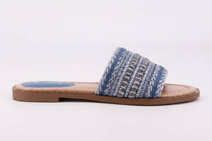 Slide – Blue Braided Raffia Wide-Strap Flat Sandal