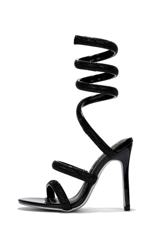 Women's Dyana Black Rhinestone Wraparound Strappy Stiletto Heels - Round Toe Sandals