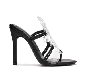 Women's Elyssa Black Rhinestone Butterfly Strappy Mule Heels - Peep Toe Sandals