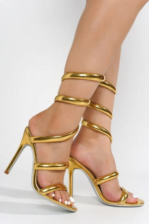 Women's Faydra Gold Ankle Wrap-Around Stiletto Heels - Open Round Toe Sandals