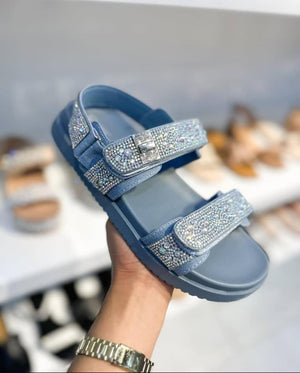 Gigi Rhinestone Embellished Adjustable Velcro Double Strap Chunky Sandals-Denim