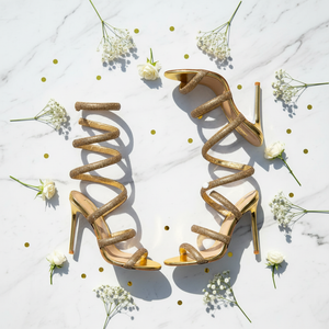Dyana Gold Rhinestone Wraparound Strappy Stiletto Heels - Round Toe Sandals