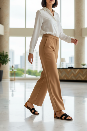Edmond Black Suede H-Strap Flat Sandals – model walking in marble hotel lobby in camel wide-leg trousers and white silk blouse