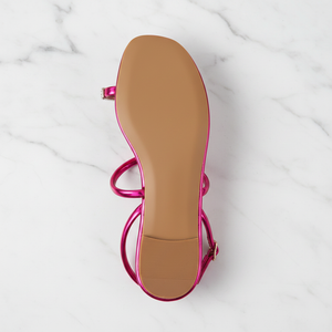 Nora Fuchsia Metallic Crystal Toe Ring Flat Sandals – sole bottom view