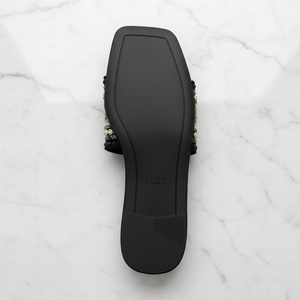 Black Gold Embroidered Crystal Flat Slide Sandals – sole bottom view