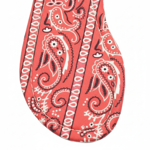 Sierra Red Bandana Paisley Print Clear Strap Flat Slide Sandals – macro close-up of red and pink bandana paisley print footbed detail