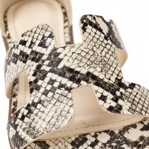 Edmond Snake Print H-Strap Flat Sandals – macro close-up of cream and charcoal snake scale print texture