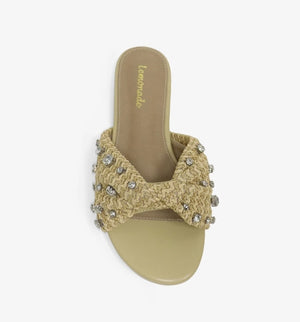 Women's Mayleen Nude Rhinestone Raffia Flat Sandals - Slip-On Summer Sandals