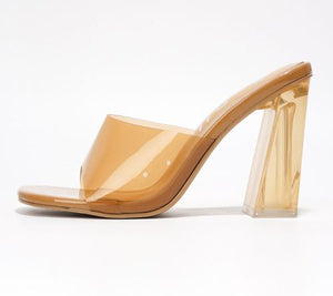 Cape Robbin Lynnet Translucent Slip-on Round Peep Toe Block Heel-Beige