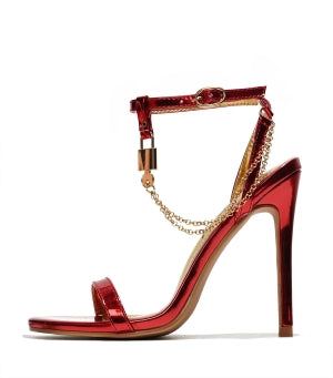 Women's Mabelle Red Chain Ankle Strap Stiletto Heels - Round Toe Sandals