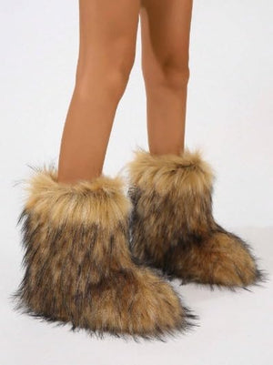 Women's Melanie Brown Shearling Fluffy Fur Mid-Calf Boots - Comfortable Winter Boots