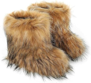 Women's Melanie Brown Shearling Fluffy Fur Mid-Calf Boots - Comfortable Winter Boots