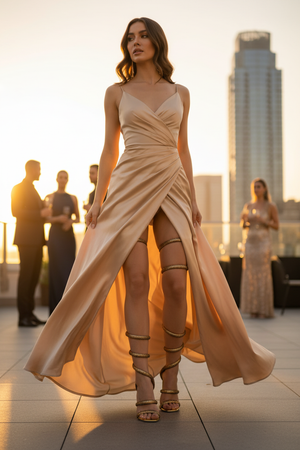 Dyana Gold Rhinestone Wraparound Strappy Stiletto Heels - Round Toe Sandals