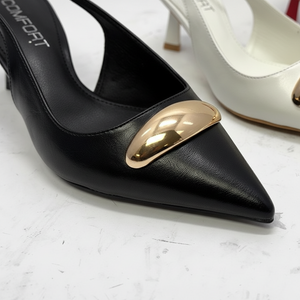 Black Leather Slingback Kitten Heels | Gold Buckle Pointed Toe Pumps