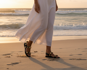 Women's Black Shelley Sea Shell & Starfish Flat Sandals - Adjustable Strap Beach Sandals