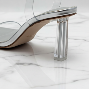 Fallon Silver Clear PVC Strap Block Heel Mules | Lucite Slingback Sandals