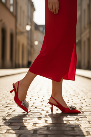 Women's Suka Red Satin Slingback Heels – Crystal Flower Pointed Toe Kitten Heel | DDK Suka