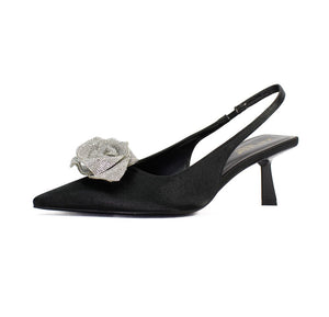 DDK Suka Rossetti Detail Sling-Back Pointy Closed Toe Low Heeled Sandals – Black