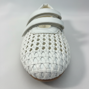 White Woven Flats — Women's Leather Mesh Double-Strap Velcro Shoes