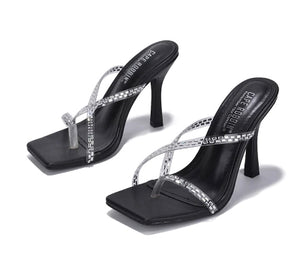 Women's Desma Black Diamante Studded Square Toe Slip-On Stiletto Heels - Mules