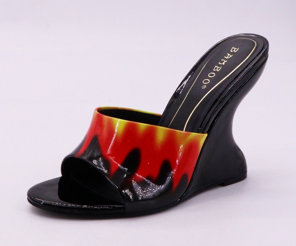 Flame Print Wedge Mule Heels – Bold Patent Leather Slip-On Sandals
