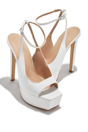 Women's White Elvie Ankle Strap Platform Peep Toe Stiletto Heels - Round Toe