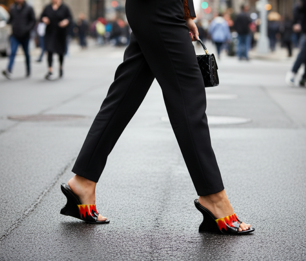 Disappear Flame Print Wedge Mule Heels – Bold Patent Leather Slip-On Sandals