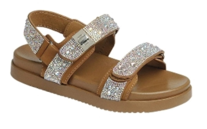Forever Gigi Rhinestone Embellished Adjustable Velcro Double Strap Chunky Sandals-Brown