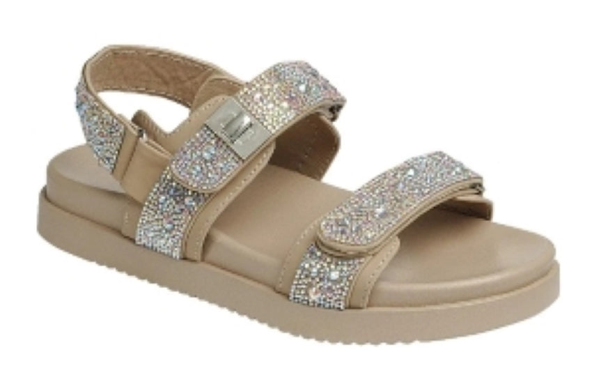 Forever Gigi Rhinestone Embellished Adjustable Velcro Double Strap Chunky Sandals-Nude