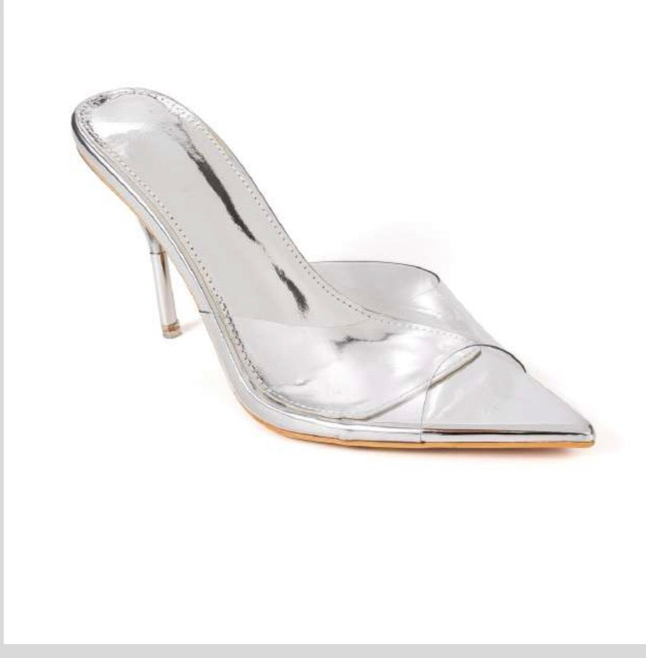 Pointed Toe Clear Heels & High Heel Mules in Silver