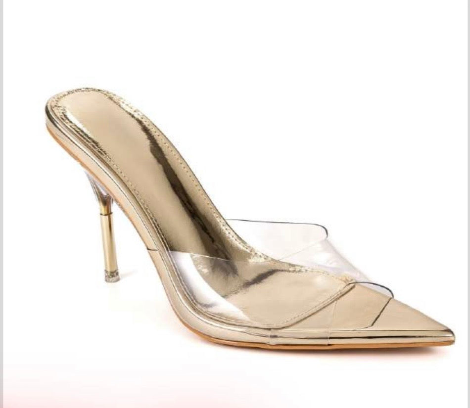 Pointed Toe Clear Heels & High Heel Mules in Gold