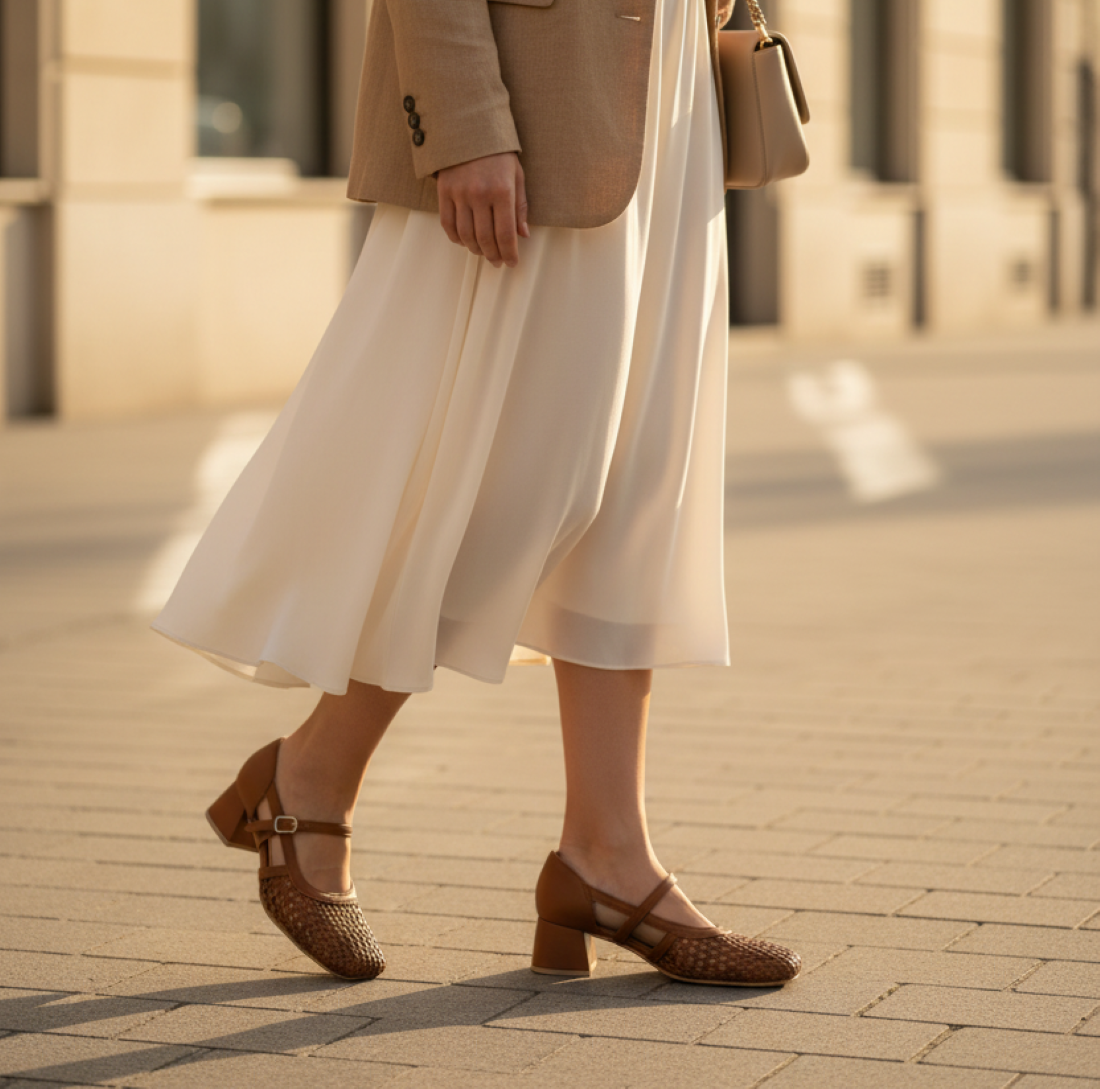 Model wearing tan woven Mary Jane block heels while walking