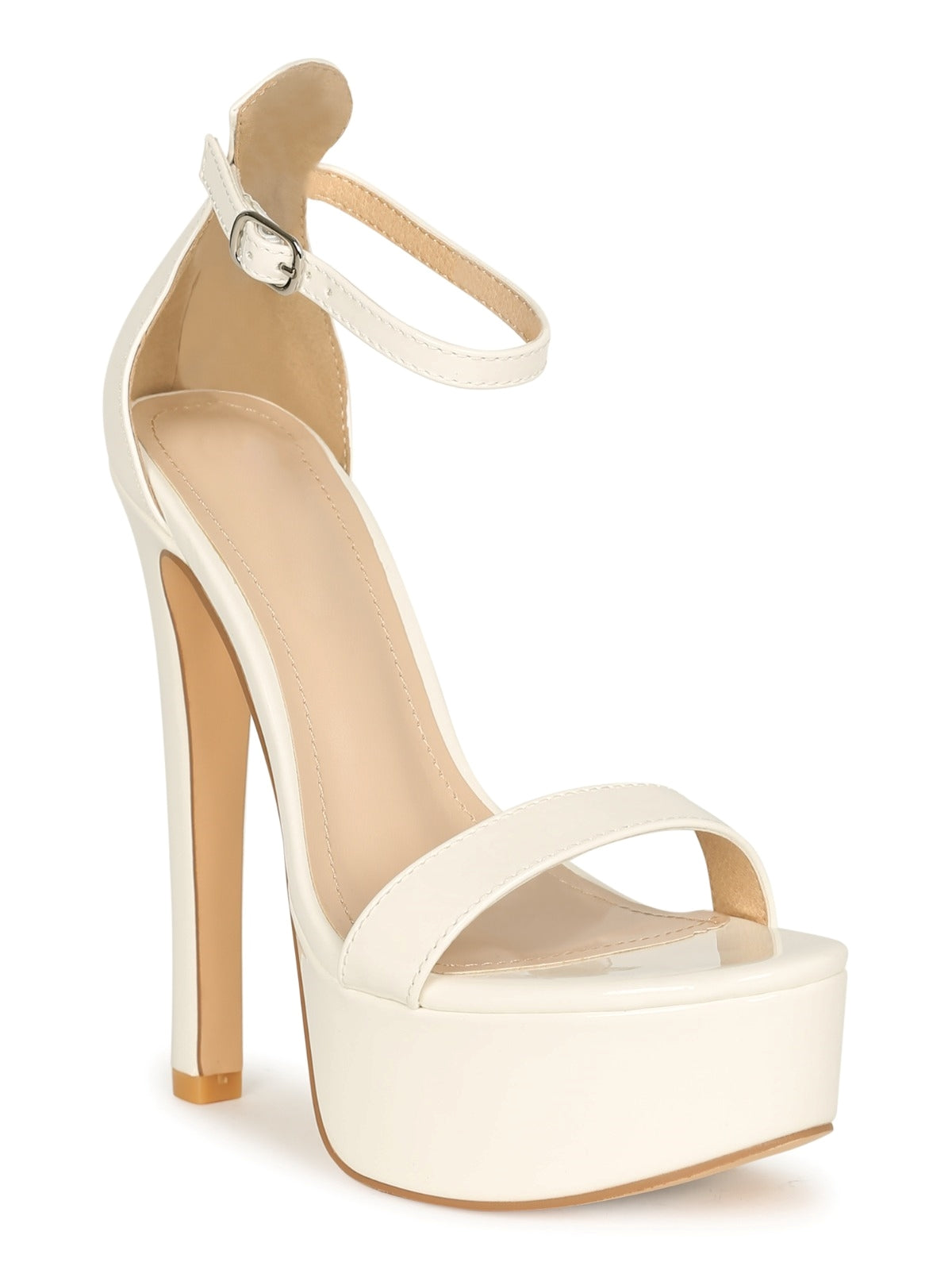 Nina White Patent Platform Stiletto Heels — Women's Ankle Strap High Heel Sandals